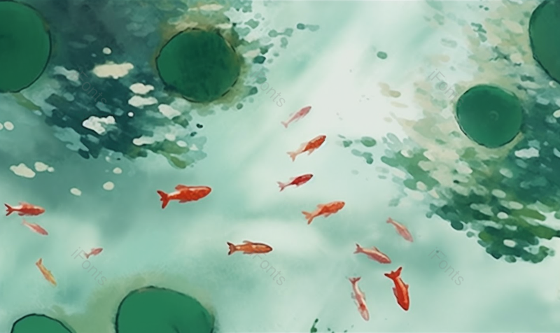 绿色夏天的池塘里的荷叶和锦鲤背景,插画/手绘图,插画/手绘图库,插画/手绘图下载,插画/手绘